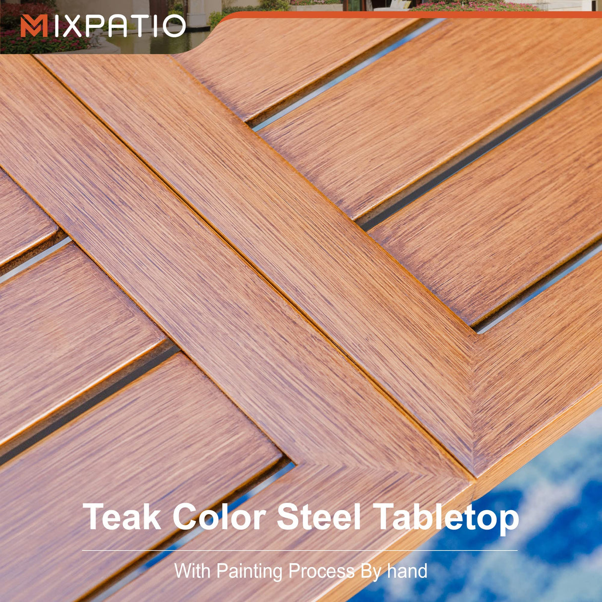 MIXPATIO 7-Piece Outdoor Dining Set 6 Brown Textilene Chairs and Teak Color Tabletop Outdoor Dining Table with 1.57"~2" Umbrella Hole for Deck Garden Backyard MIXPATIO