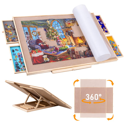 Sancallie Adjustable Wooden Puzzle Board Easel Non-Slip Suede Surface Puzzle Table Accessory for Up to 1,500 Pieces Puzzles with 4 Sorting Trays