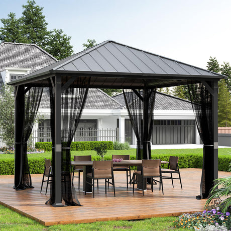 UDPATIO 10' x 10' Hardtop Gazebo, Metal Gazebo with Galvanized Steel Roof, Outdoor Permanent Pavilion with Netting for Patio, Backyard, Deck and Lawns UDPATIO