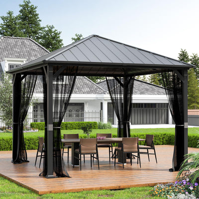 UDPATIO 10' x 10' Hardtop Gazebo, Metal Gazebo with Galvanized Steel Roof, Outdoor Permanent Pavilion with Netting for Patio, Backyard, Deck and Lawns