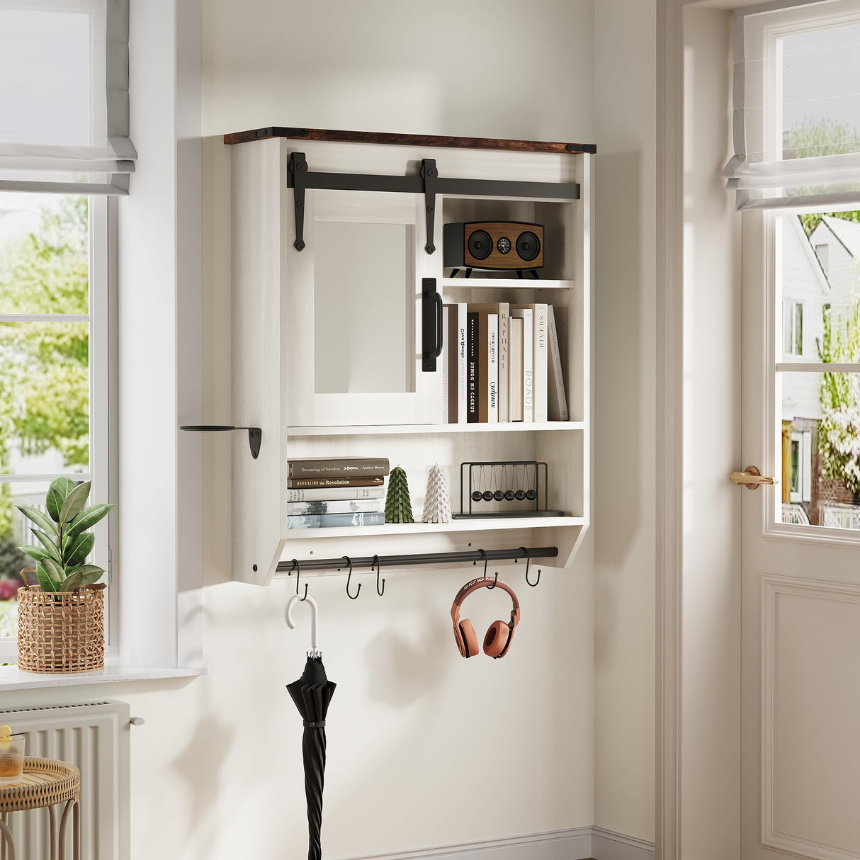 Bathroom Storage Cabinet with Mirror, Wood Farmhouse Medicine Cabinet with Adjustable Shelf, Hanging Bar S-Hooks Hair Dryer Holder, Wall Mounted Cabinet for Laundry Room Kitchen Living Room, White Cakhdry