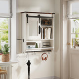 Bathroom Storage Cabinet with Mirror, Wood Farmhouse Medicine Cabinet with Adjustable Shelf, Hanging Bar S-Hooks Hair Dryer Holder, Wall Mounted Cabinet for Laundry Room Kitchen Living Room, White Cakhdry