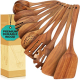 Teak Wooden Kitchen Utensils Set, High Resistant Wooden Spoons for Cooking, Nonstick Cooking Essential Utensils, Set of 10 ANBUY