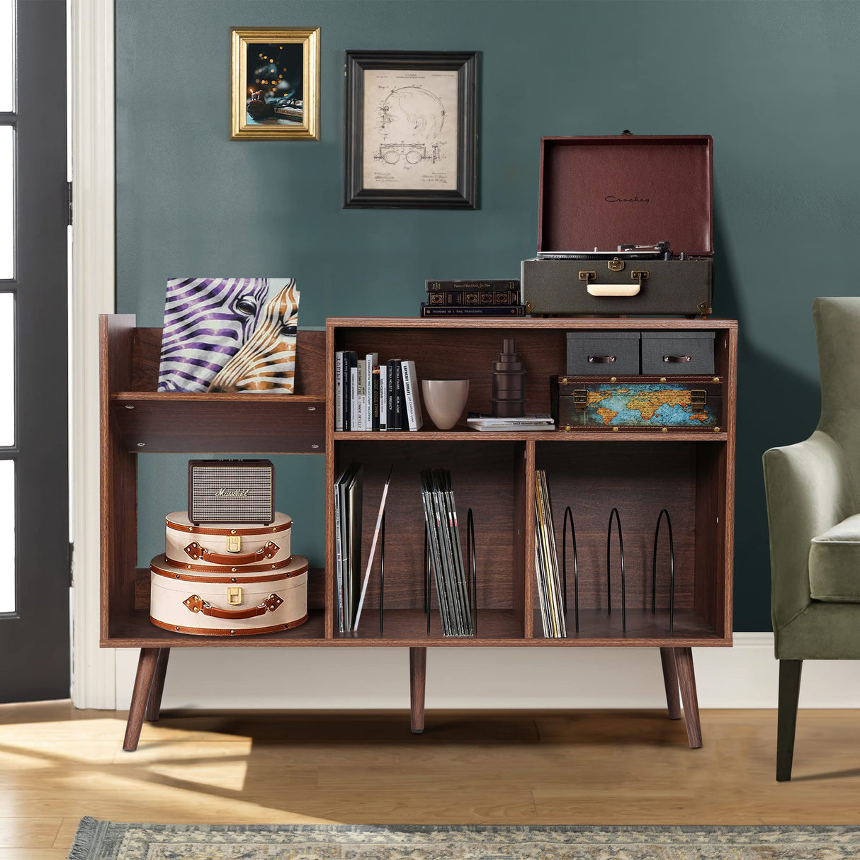 QHITTY Record Player Stand, Mid-Century Modern Vinyl Record Storage Cabinet Table with Wood Legs, Turntable Stand Record Holder Holds Up to 300 Albums for Living Room, Bedroom QHITTY