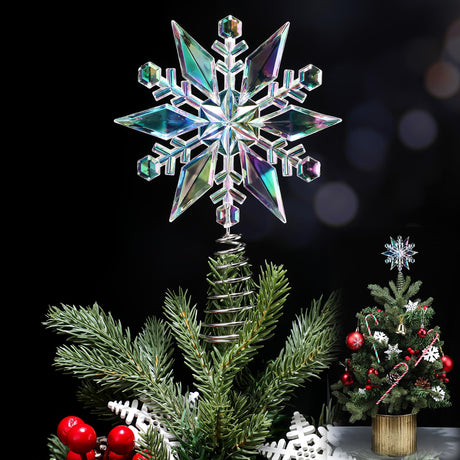 Gejoy 6 Inch Mini Christmas Iridescent Snowflake Tree Topper Acrylic Snowflake Toppers Xmas Ornament Trees Decor Iridescent Tree Topper for Winter Holidays Decor Gejoy