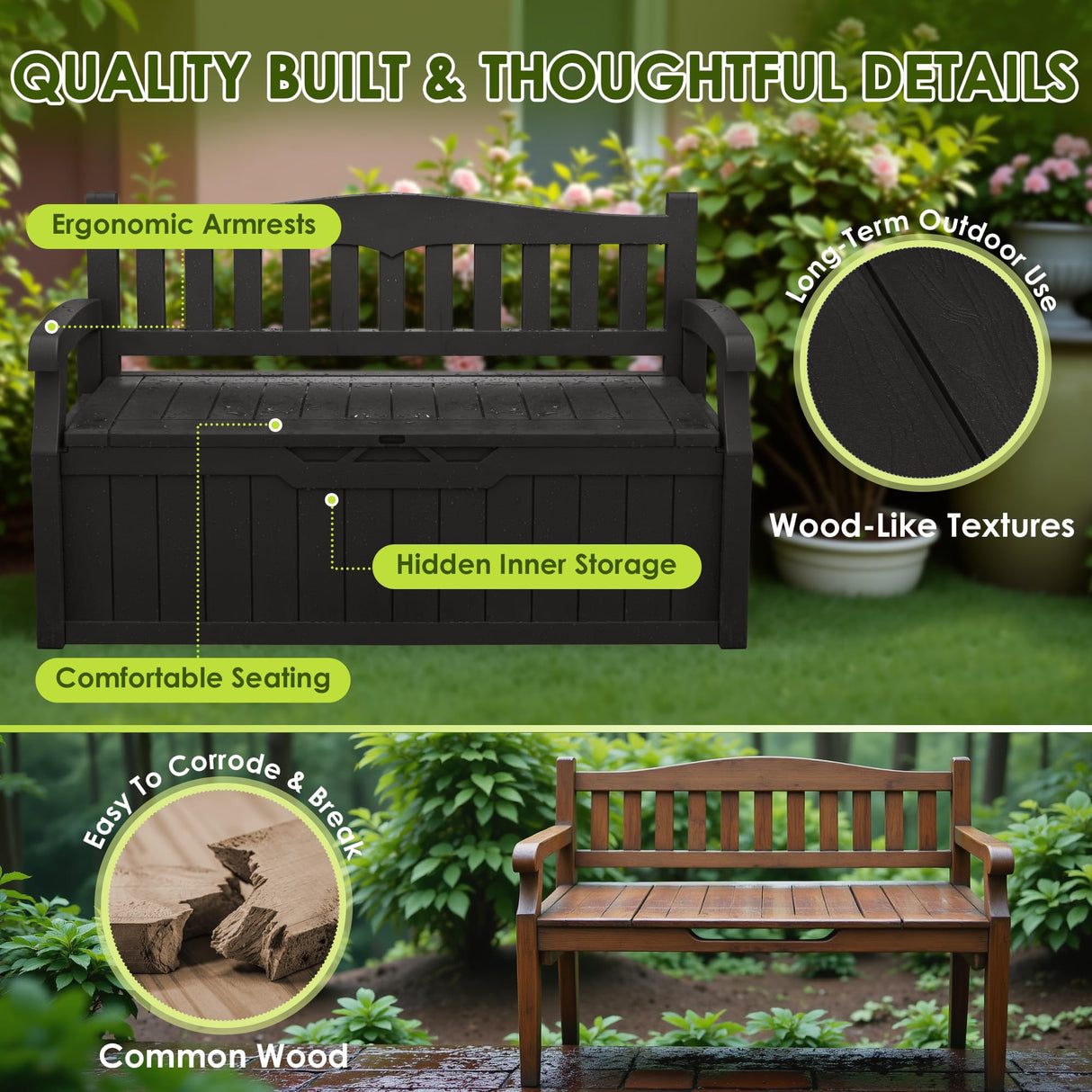 Greesum 80 Gallon Outdoor Storage Bench, Resin Patio Furniture with Armrest,Waterproof and UV-Resistant, Perfect to Garden, Poolside and Lawn, Dark Black Greesum