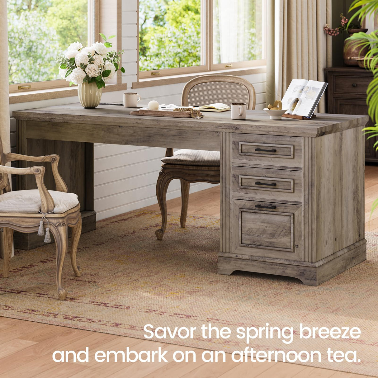 Itaar Farmhouse 55" Executive Desk, Computer Desk with Storage Drawers and Power Outlet, Home Office Desk, Workstation for Office Home, Grey Itaar