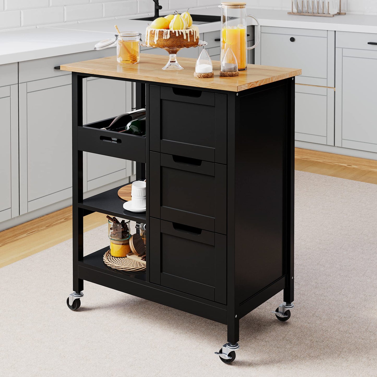 YITAHOME Kitchen Island with Storage, Kitchen Cart for Home, Rolling Serving Utility Trolley Cart on Wheel with 3 Drawers and 3 Storage Shelves, Kitchen Serving Cart for Dining Room, Bar, Black