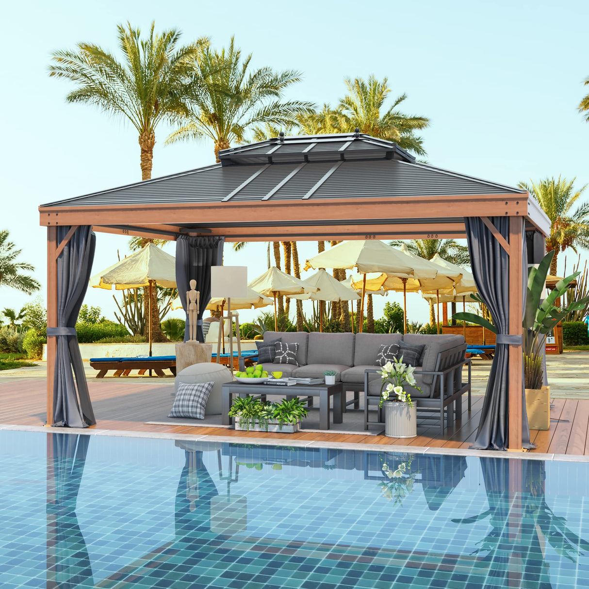 MELLCOM 12'x16' Hardtop Gazebo, Wooden Finish Coated Aluminum Frame Gazebo with Galvanized Steel Double Roof, Metal Gazebo with Curtains and Nettings for Patios, Gardens, Lawns MELLCOM