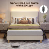 Bestier Full Bed Frame with Adjustable Headboard, LED Lighting, Vertical Channel Tufted Corduroy Upholstered, Solid Wooden Slats Support, No Box Spring Needed, Never Squeaks, Easy Assembly, Beige Bestier