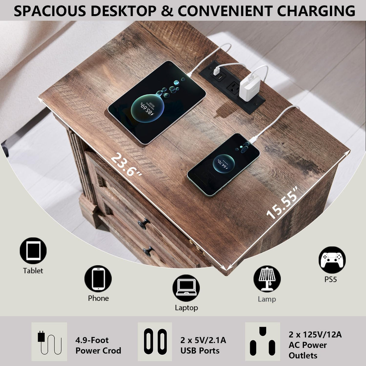 Aitjunz 26" Tall Nightstand with Charging Station, Farmhouse 23.6" Wide Large End Table w/Roman Column, Wood Rustic Side Table w/Metal Handle, 3 Drawers Dresser for Bedroom, Living Room, Light Brown Aitjunz