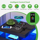 HNEBC LED Nightstand, RGB Black Night Stand with USB/Wireless Charging Station, Modern Bedside Table has Auto Sensor RGB Lights, End Side Table with 2 Drawer for Bedroom Furniture, Black HNEBC