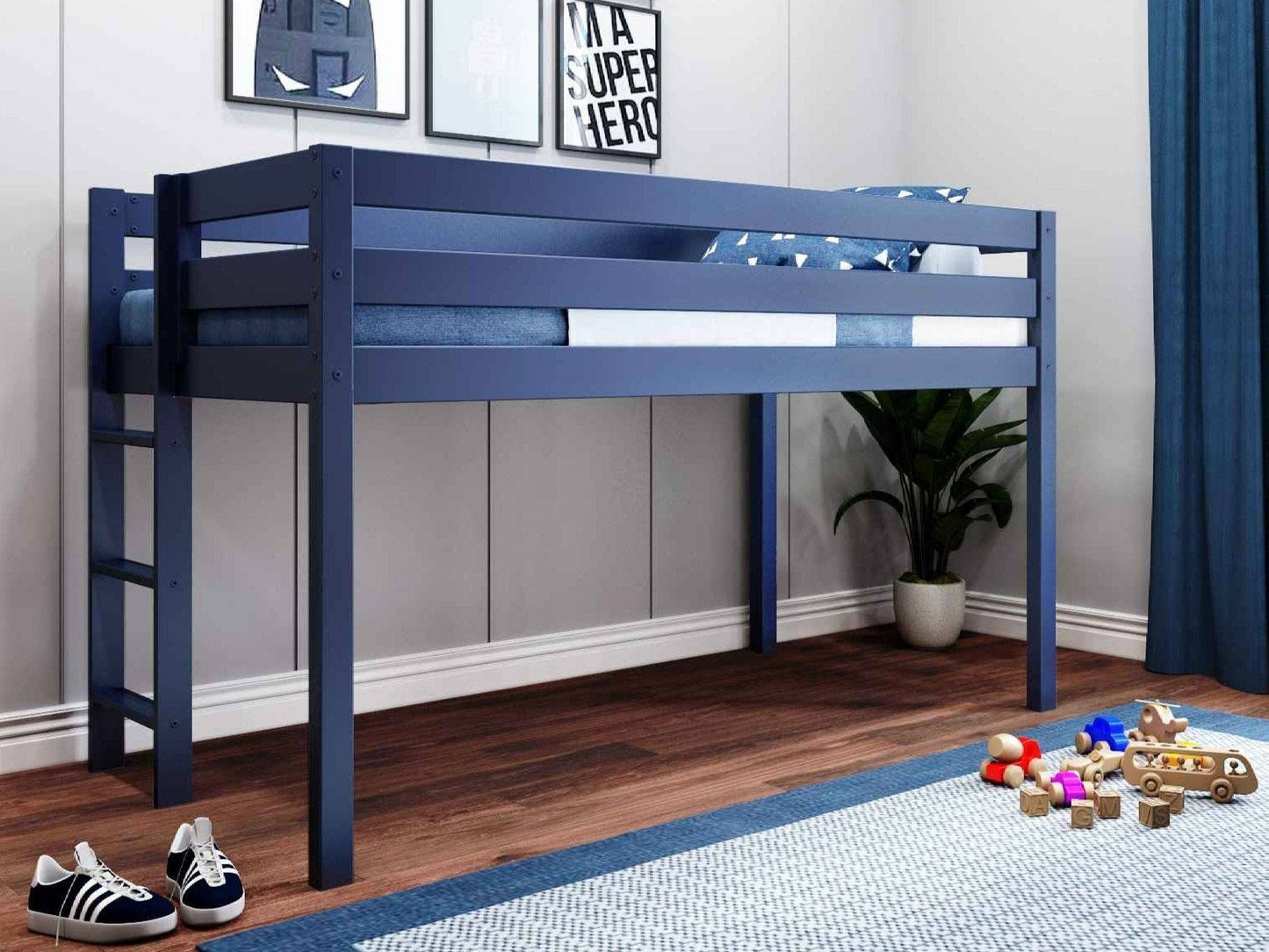 JACKPOT! Contemporary Low Loft Twin Bed with End Ladder, Blue