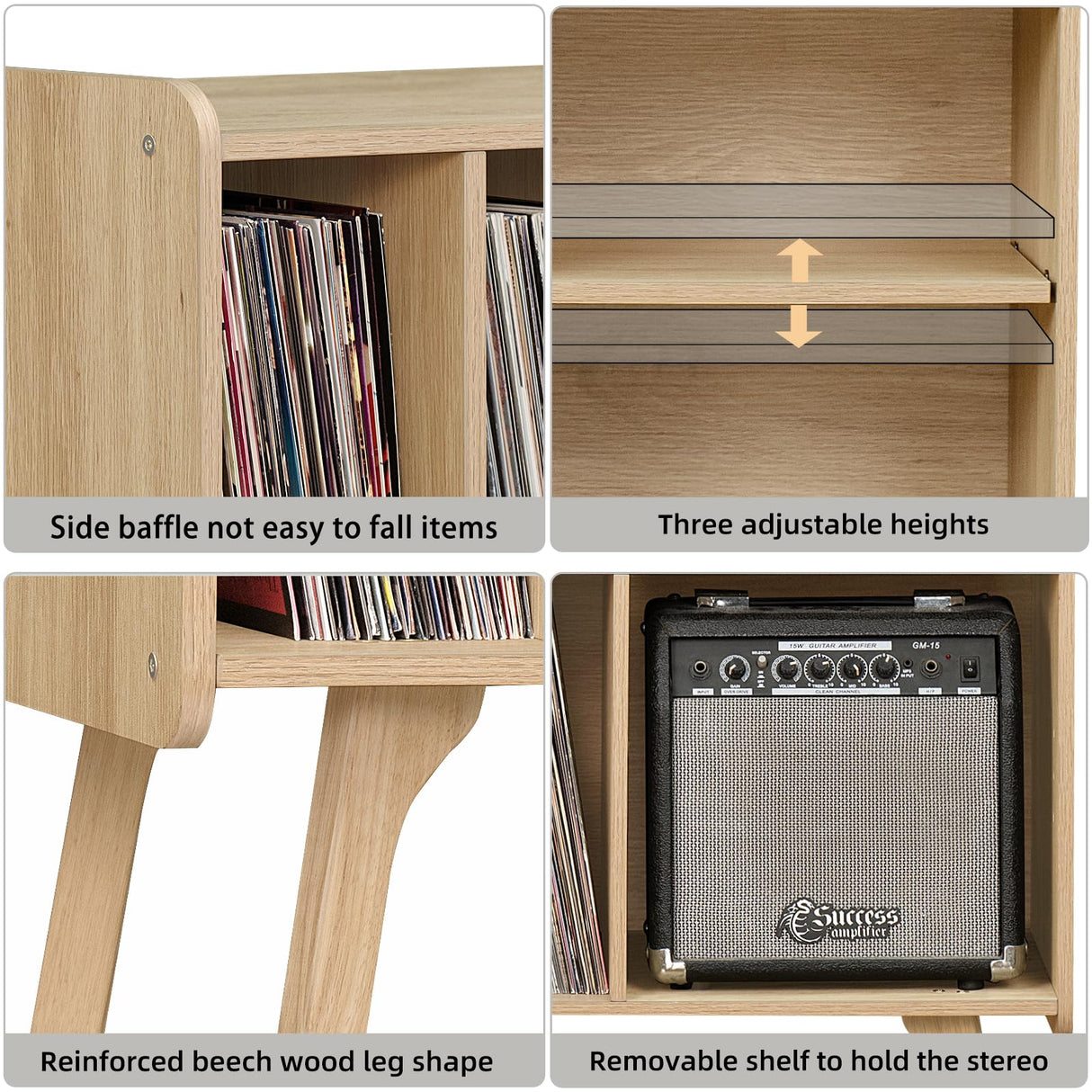 Lerliuo Record Player Stand with 4 Cabinet Holds Up to 220 Albums, Large Stand with Beech Wood Legs, Mid-Century Record Player Table,Burlywood Vinyl Holder Storage Shelf for Living Room Lerliuo