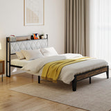 Sweetcrispy Queen Bed Frame with Headboard, Storage Headboard with USB Charging Station, Durable Squeak-Free Frame, Simple No-Tool Assembly,Works with Queen Mattress No Box Spring Needed Sweetcrispy