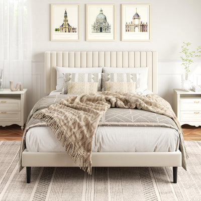 HAOARA Full Size Platform Bed Frame with Velvet Upholstered Headboard, Full Bed Frame with Strong Wood Slats, Mattress Foundation, Box Spring Optional, Easy Assembly, Beige