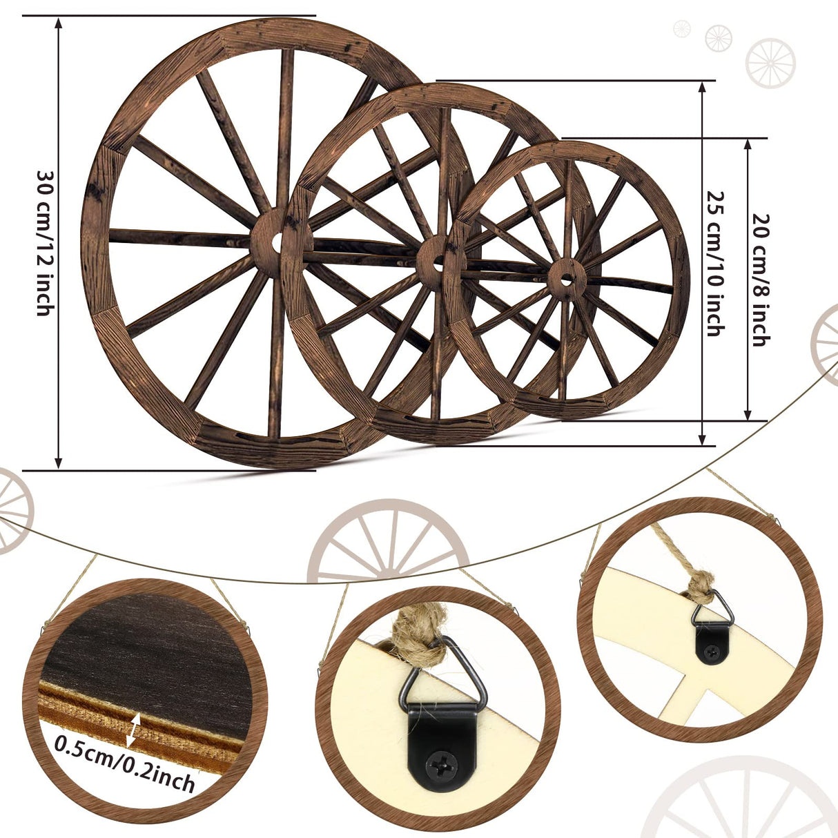 Qunclay 3 Pcs Wooden Wagon Wheel Decor 12/10/8 Inch Old Western Western Wall Decor Farmhouse Wagon Wheels Rustic Yard Wall Art Decor Hanging Decorative Wheels for Garden Home Bar Garage (Dark Brown) Qunclay