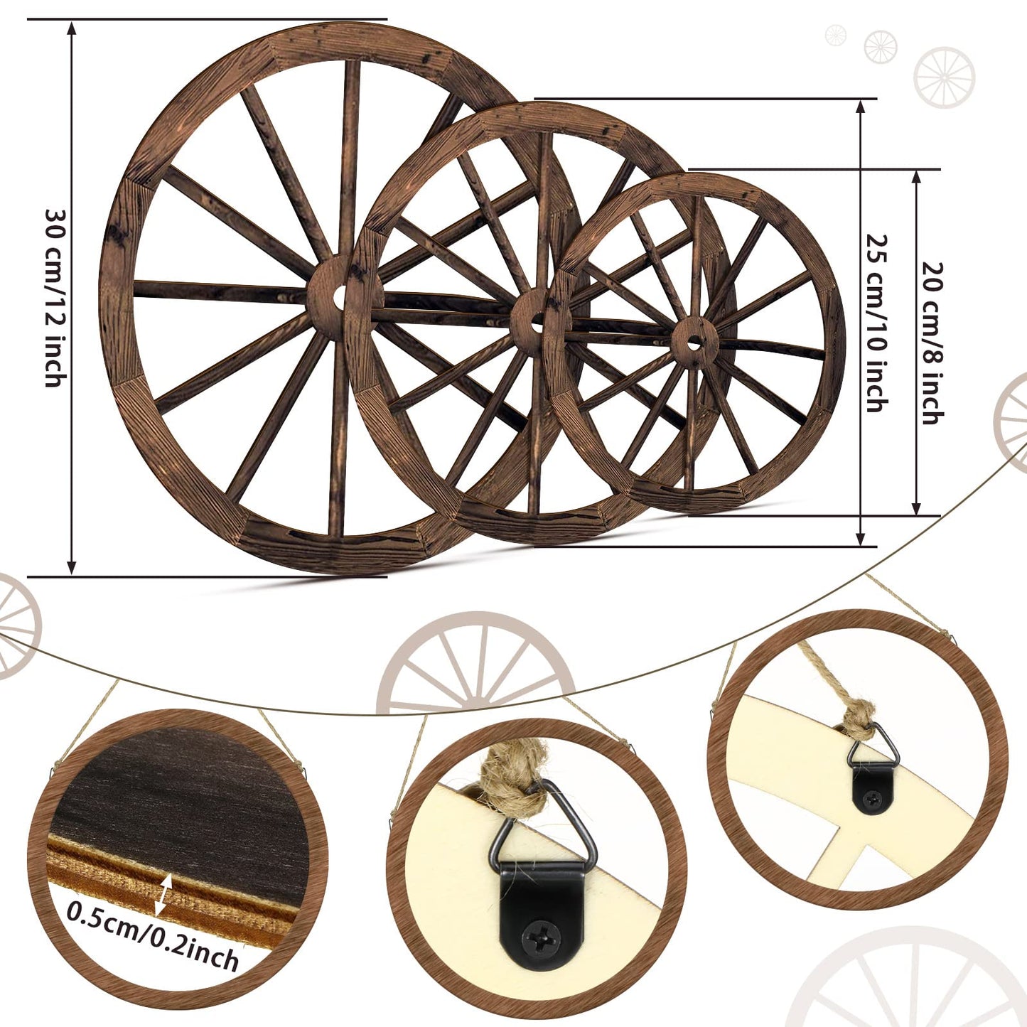 Qunclay 3 Pcs Wooden Wagon Wheel Decor 12/10/8 Inch Old Western Western Wall Decor Farmhouse Wagon Wheels Rustic Yard Wall Art Decor Hanging Decorative Wheels for Garden Home Bar Garage (Dark Brown)