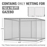 COWVIE Gazebo Replacement Netting Screen, 12' x 16' Universal Gazebo 4-Panel Mosquito Sidewalls with Double Zippers for Outdoor Patio (Only Netting) COWVIE