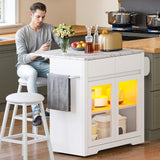YITAHOME Rolling Kitchen Island with Seating and LED Lights, Mobile Storage Islands with Drop Leaf, Dining Table with Power Outlet, 2 Drawers and Soft Stools, Spice/Towel Rack, Marble Finish, White YITAHOME