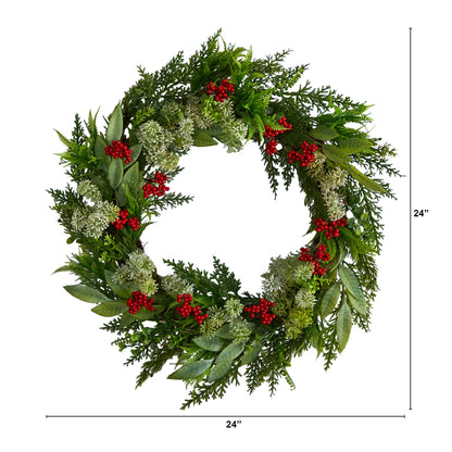 Nearly Natural 24in. Cedar, Eucalyptus and Berries Artificial Christmas Wreath