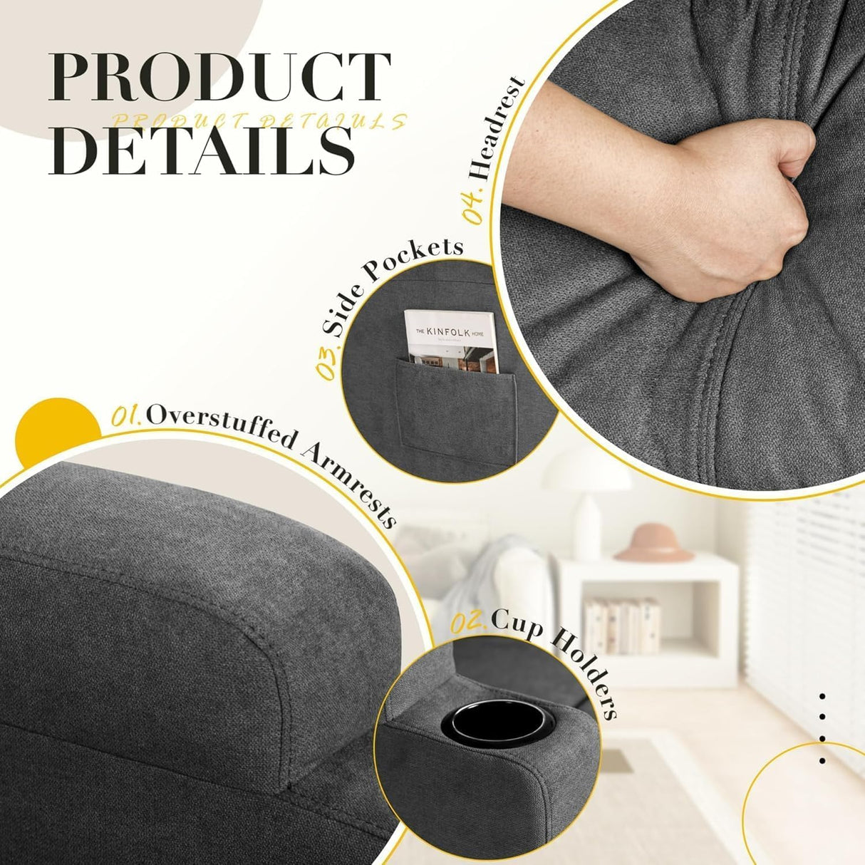 Recliner Chair, 360° Swivel Rocker Chair for Adults, Rocking Recliner Chair with Massage, Comfy Single Sofa with Side Pockets Cup Holders for Living Room, Bedroom, Nursery (Fabric, Dark Gray) Furmax