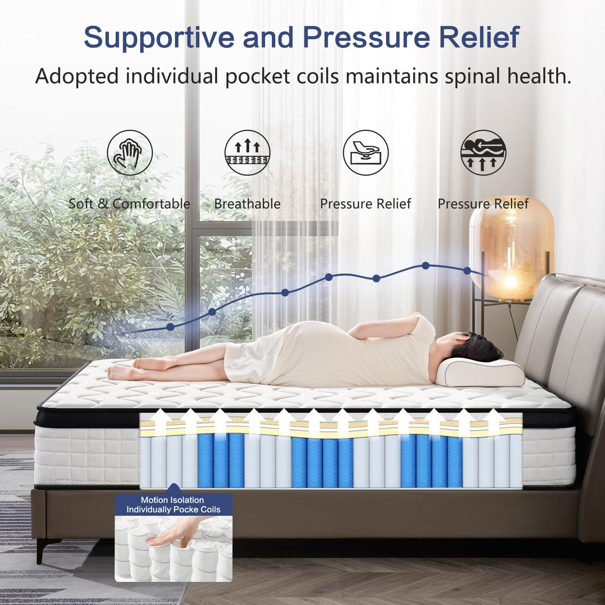 QEMNX 12 Inch Queen Hybrid Mattress – Medium Firm, Memory Foam & Responsive Pocket Springs, Enhanced Edge Support, Motion Isolation, Pressure Relief, Eco-Friendly, Compressed for Easy Setup QEMNX
