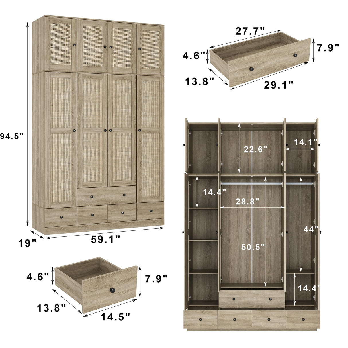 Homsee 8 Door Wardrobe Armoire Closet, Bedroom Cabinet Armoire with Rattan Doors, 5 Drawers, 2 Hanging Bars, Top Cabinets & Shelves, Light Brown Homsee