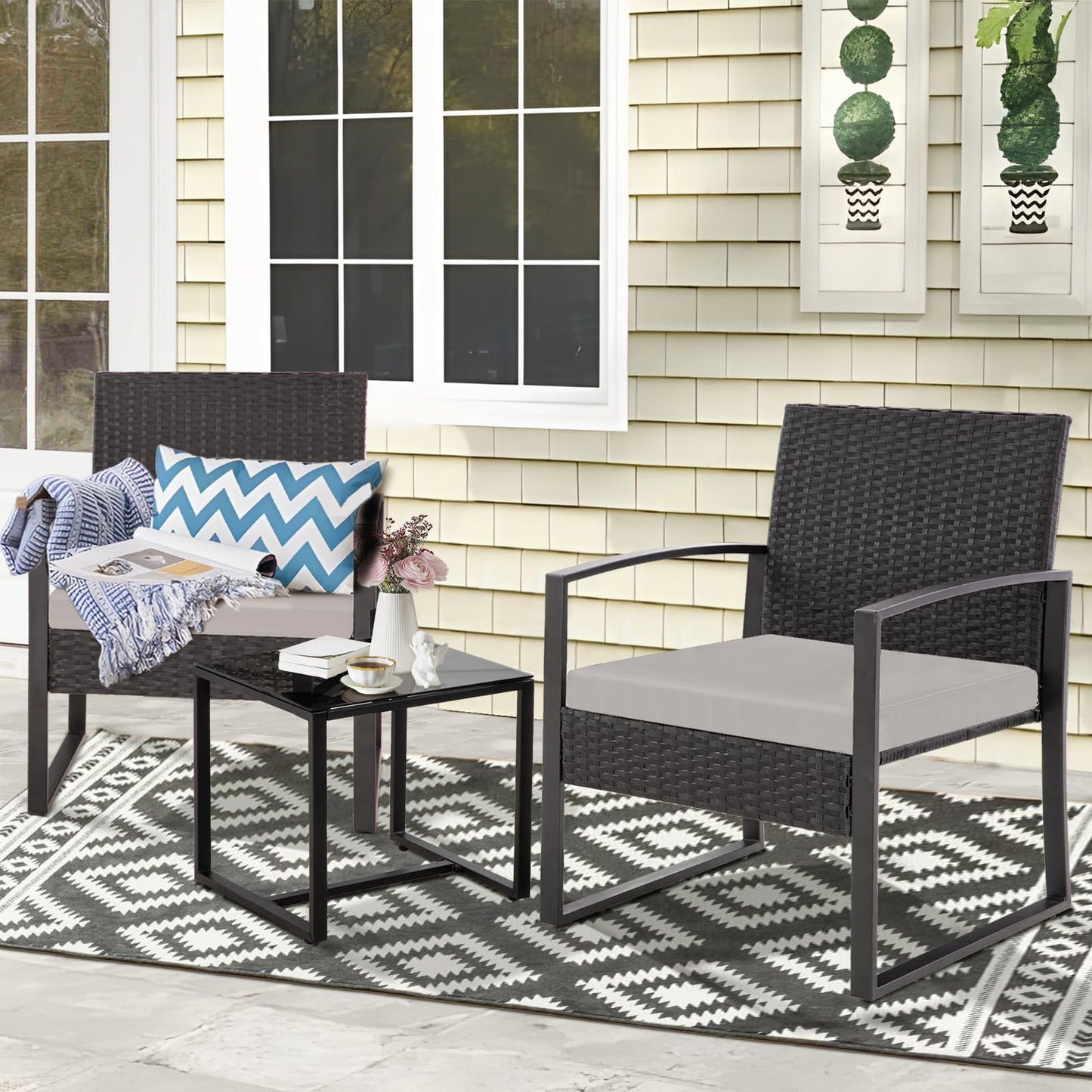 3 Piece Outdoor Patio Bistro Set, Wicker Table and Chairs Set of 2, All-Weather Rattan Balcony Furniture Set for Front Porch Apartment, Black/Grey