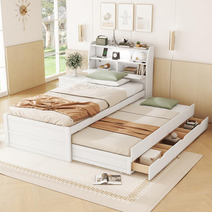 MERITLINE Twin Size LED Platform Bed with Trundle, Storage Drawers, and Bookcase Headboard in White - WoodArtSupply