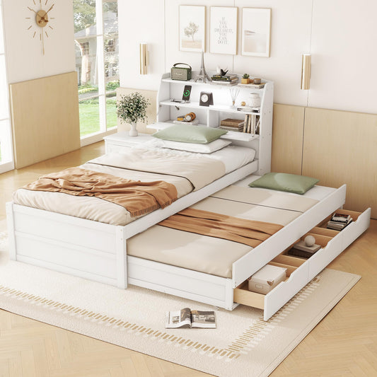 MERITLINE Twin Size LED Platform Bed with Trundle, Storage Drawers, and Bookcase Headboard in White - WoodArtSupply