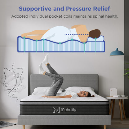 Mubulily Queen Mattress,8 Inch Hybrid Mattress in a Box with Gel Memory Foam,Motion Isolation Individually Wrapped Pocket Coils Mattress,Pressure Relief,Medium Firm Support,CertiPUR-US.