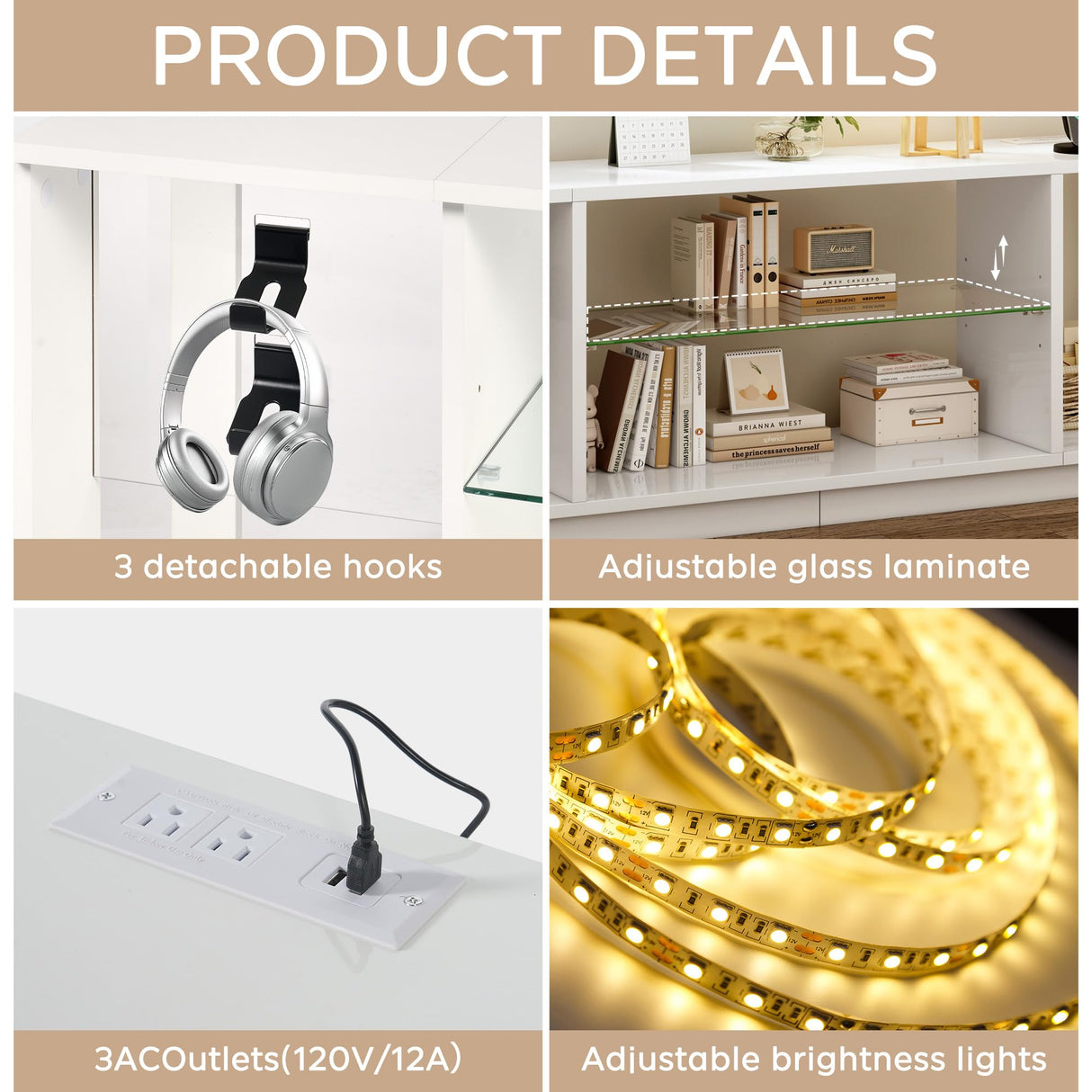 DlandHome LED TV Stand for TVs up to 60inch, Entertainment Center with Open Storage Shelves, TV Media Console Table for Bedroom, Living Room, White DlandHome