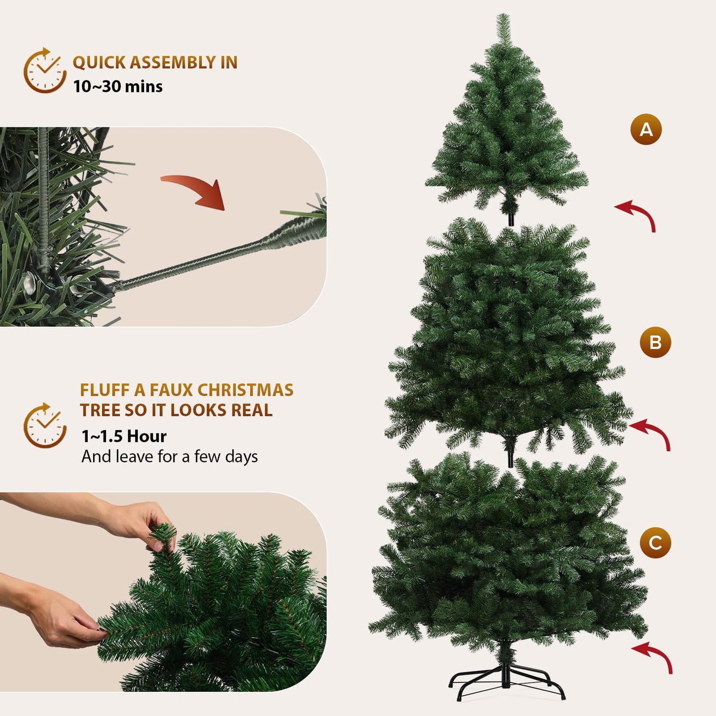 GTPLAYER 6.5ft Christmas Tree Artificial Xmas Tree with 200 Warm LED Lights & 1000 Branch Tip, Premium Pine Tree Party Decorations for Home, Foldable Stand, Easy Assembly