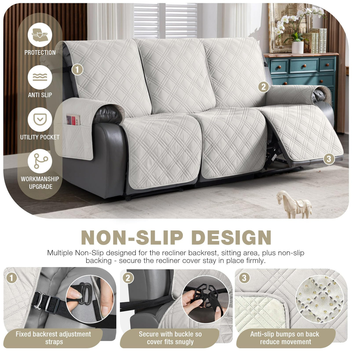 TAOCOCO 100% Waterproof Recliner Sofa Cover, Non Slip Split Couch Covers for Reclining Couches with Elastic Straps, Washable Reclining Sofa Cover Furniture Protector for Kids Pets(3 Seater, Off White) TAOCOCO