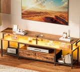 Huuger TV Stand for 65, 70, 75 Inch TV, Entertainment Center with Power Outlets and LED Lights, TV Console for Living Room, Media Console with Drawers and Shelves, Rustic Brown Huuger