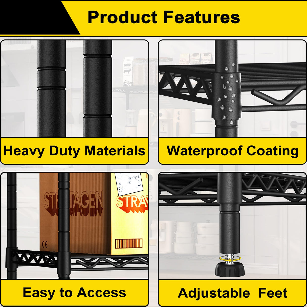 GIOTORENT 5-Wire Garage Shelving Storage Shelves, Metal Shelf Organizer 1750Lbs Capacity, Kitchen Storage Adjustable Shelf for Laundry Bathroom Pantry Closet, Black 36.2''L x 14''W x 72.3''H GIOTORENT