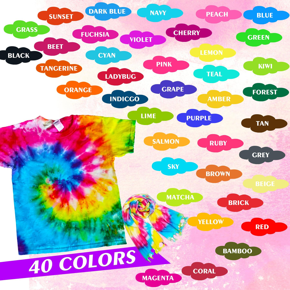 Tie Dye Kit - 40 Colors Permanent Fabric Dye with Rubber Bands, Gloves, Table Cover, Apron for Kids and Adults Tie-Dye Art - All-in-1 Textile Paint Dye for DIY Shirt, Hoodie Clothing Painting Limino