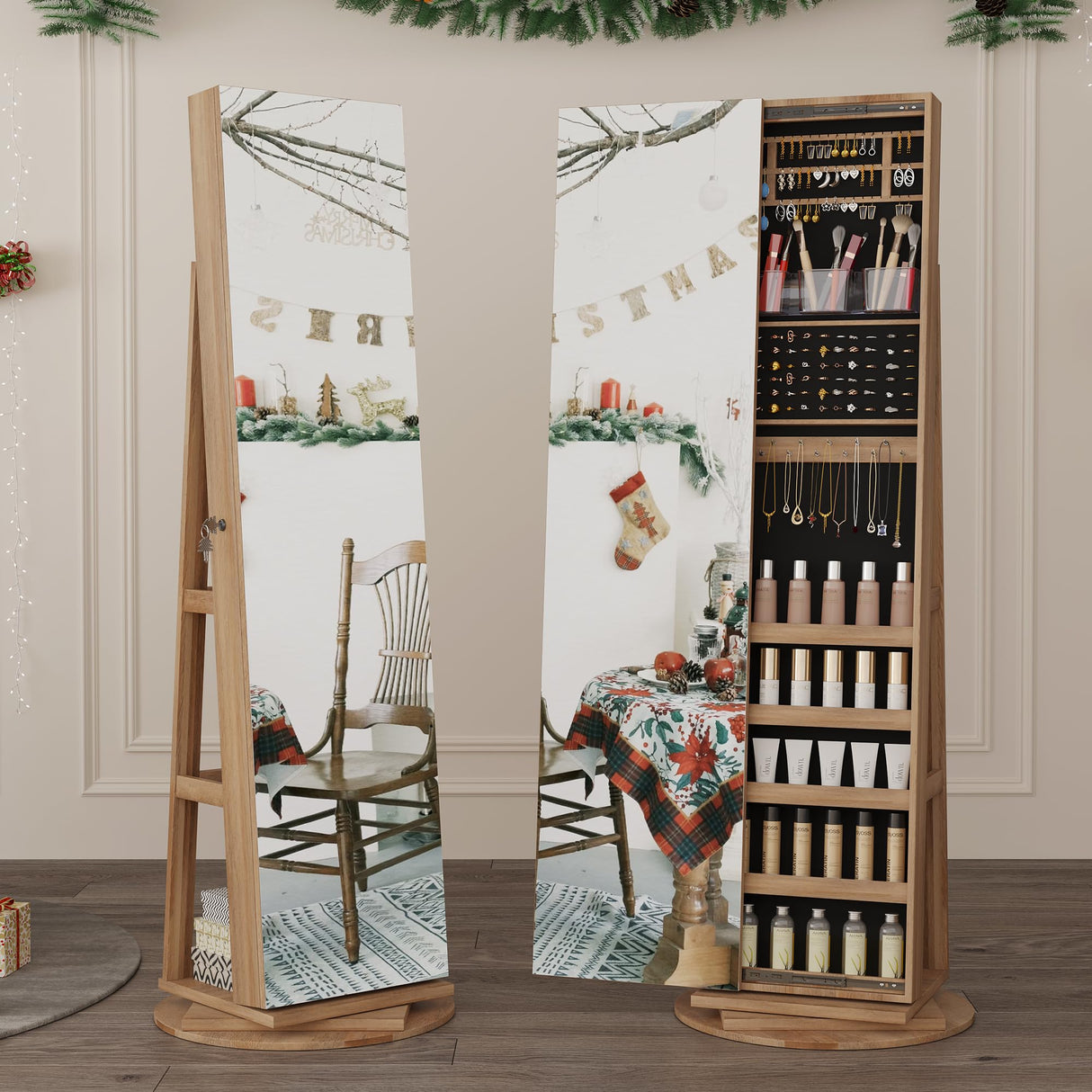 LVSOMT 360° Swivel Jewelry Cabinet with Full Length Mirror, 63" Large Jewelry Armoire Organizer, Lockable Mirror with Jewelry Storage, Floor Standing Mirror, Rear Storage Shelves LVSOMT