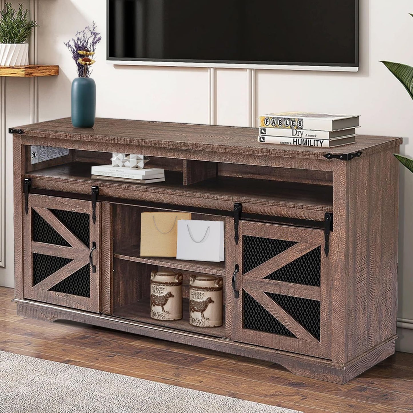 Zanzio XZ0-66TVS Rustic Farmhouse TV Stand, Distressed Brown