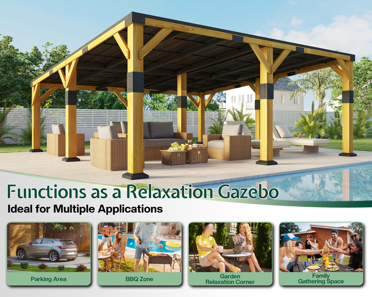 Jocisland 20x20x9.2 FT Cedar Wood Carport with Sloped Galvanized Steel Roof, Heavy Duty Outdoor Shelter for 2 Cars, Trucks, Boats & Tractors, Wind & Snow Resistant Pitch Roof Design Jocisland