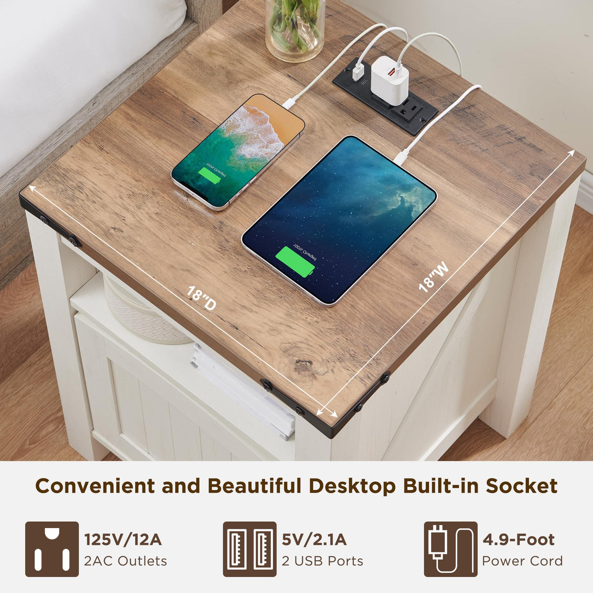 OKD Farmhouse Nightstand with Charging Station, 18" Rustic End Table with Adjustable Storage Shelf, Wood Rustic Wood Sofa Side Table for Bedroom OKD