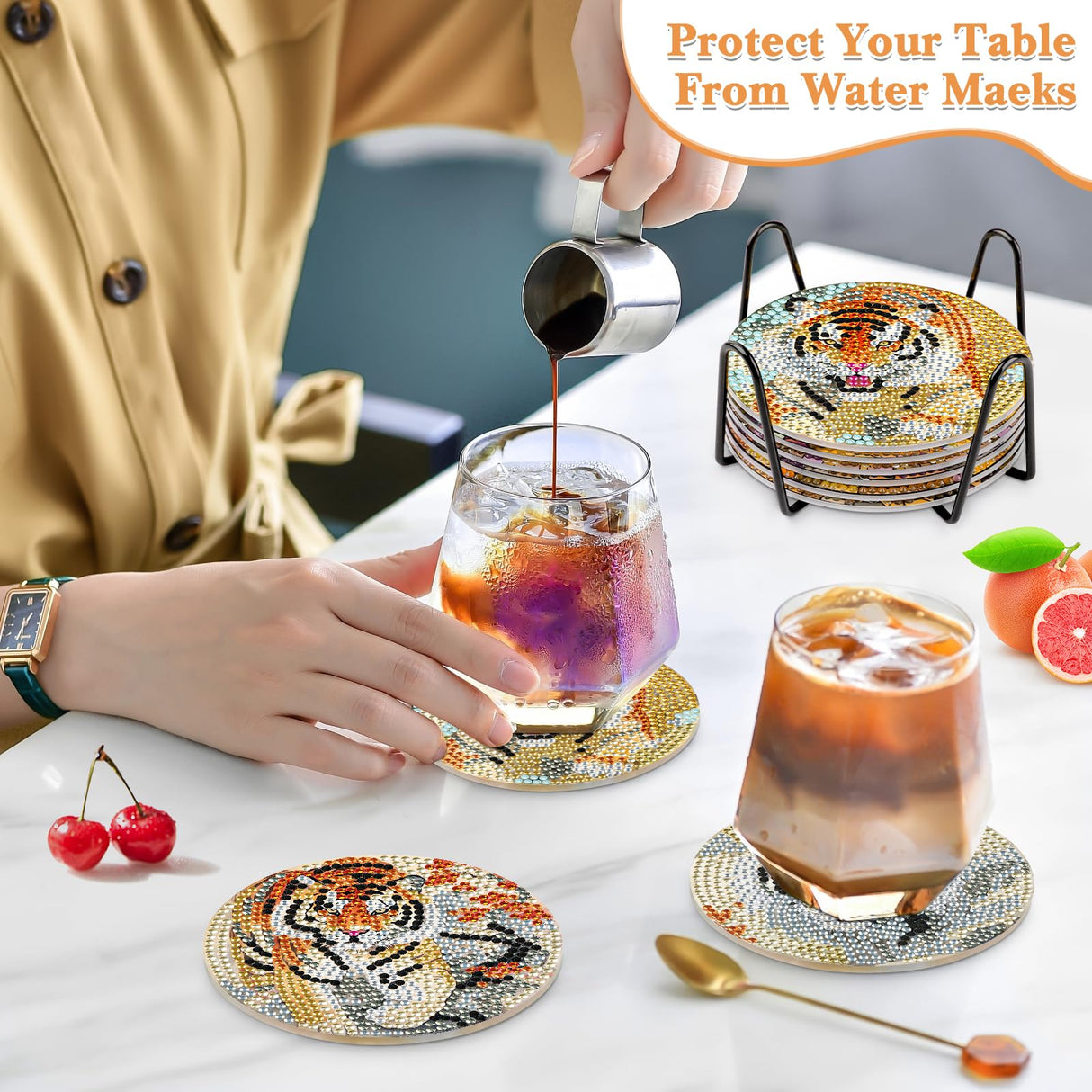 GHHKUD 6pcs Tiger Diamond Painting Coasters, DIY Life Coasters Animals Diamond Art Kits for Adults Kids, Full Drill 5D with Holder Cork Pad for Home GHHKUD