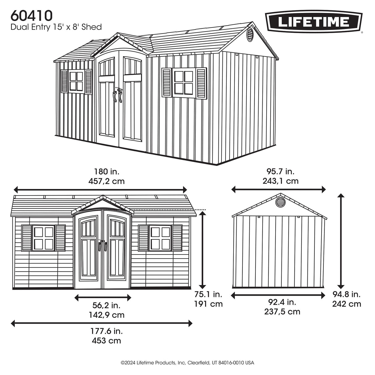 Lifetime Dual Entry Outdoor Storage Shed, 15 x 8 Foot Lifetime