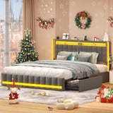 CSZZD Dark Grey Queen Bed Frame with LED Lights, Charging Station & 4 Storage Drawers CSZZD