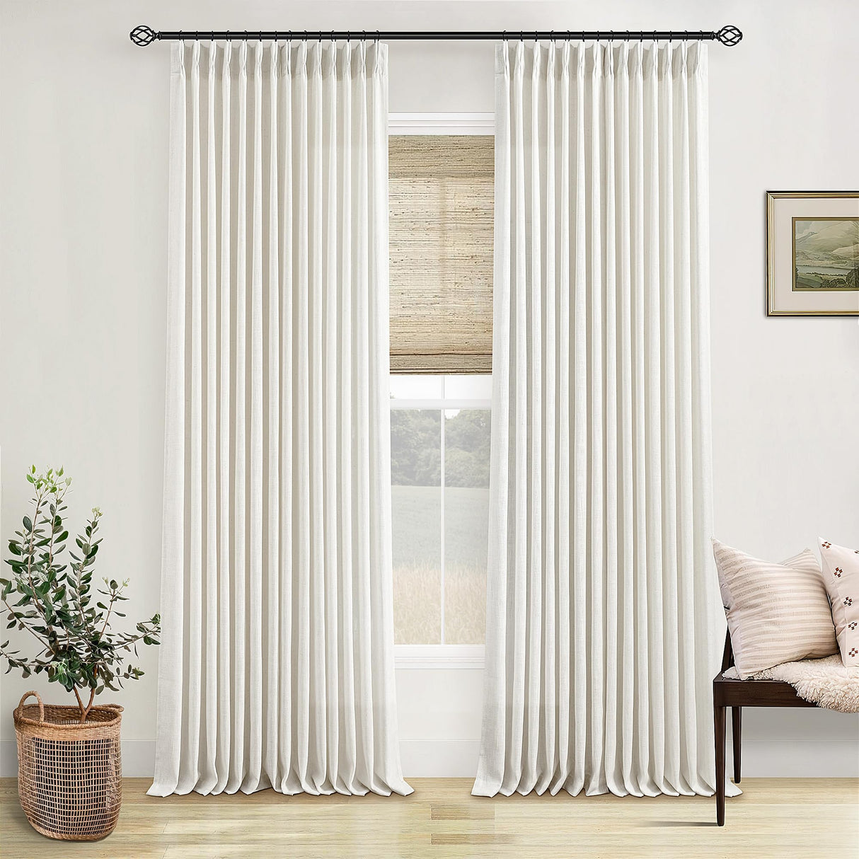 Pinch Pleated Linen Curtains 108 Inches long for Living Room 2 Panels Set Cream Ivory Flax Double Pleated Drapes Back Tab Neutral Boho Ceiling Floor 108 Inch Window Curtains Bedroom Natural Birch TWODRAPES