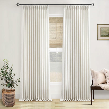 Pinch Pleated Linen Curtains 108 Inches long for Living Room 2 Panels Set Cream Ivory Flax Double Pleated Drapes Back Tab Neutral Boho Ceiling Floor 108 Inch Window Curtains Bedroom Natural Birch TWODRAPES