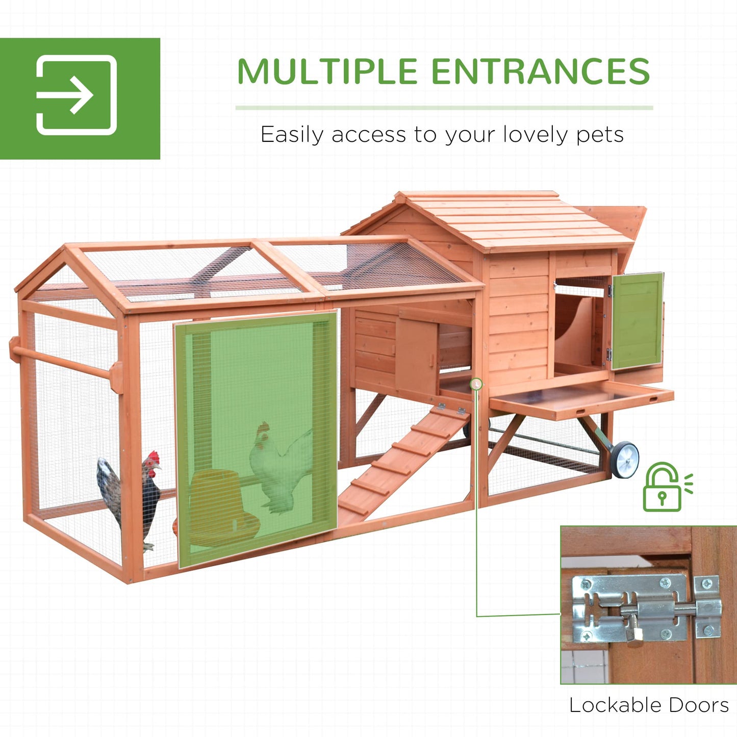 PawHut 96.5" Chicken Coop Wooden Hen House Poultry Cage Pen Portable with Wheels and Nesting Box, Chicken Cage for Backyard Outdoor, Natural - WoodArtSupply