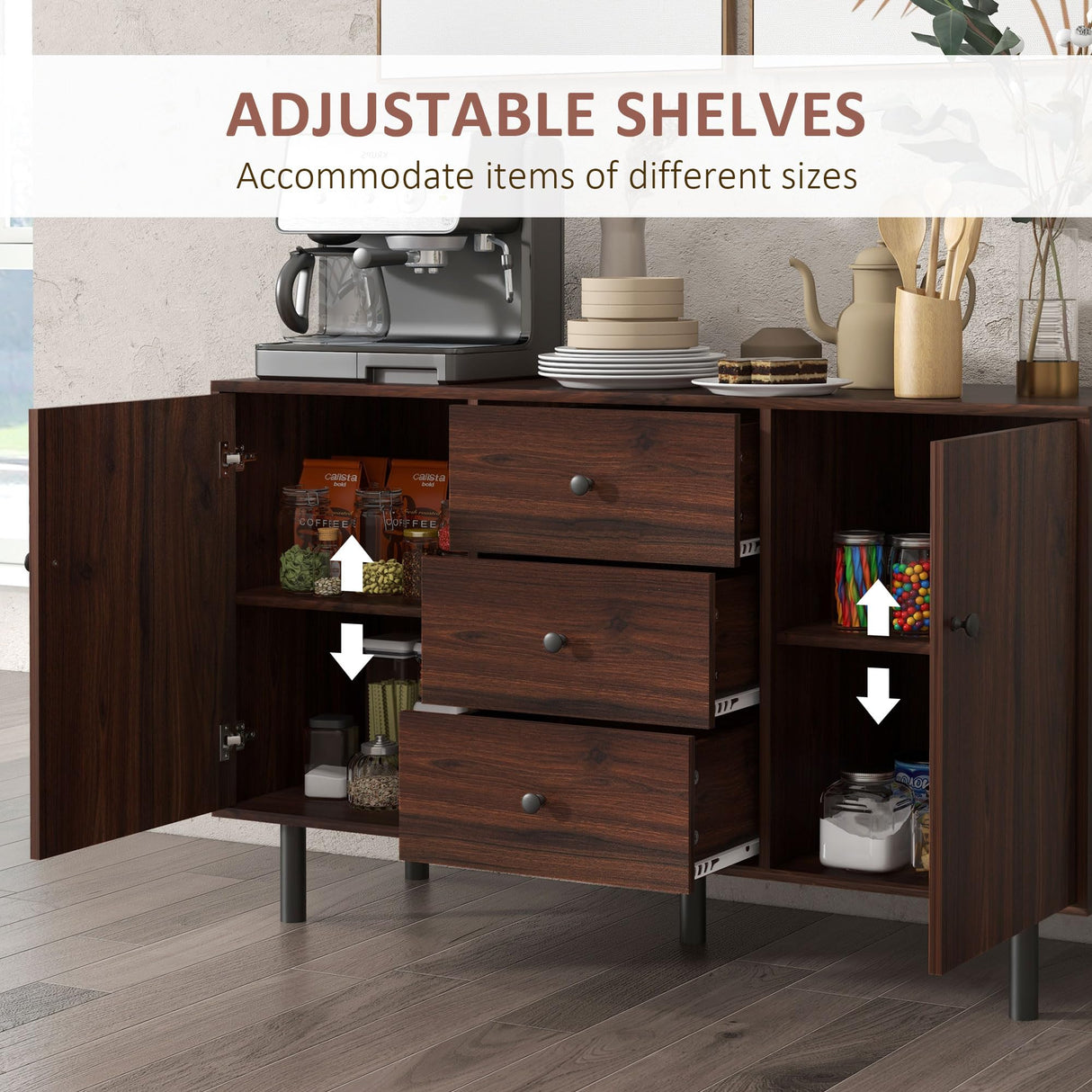 HOMCOM Sideboard Buffet Cabinet, Kitchen Cabinet with 2 Cupboards, 3 Drawers and Adjustable Shelves, Coffee Bar Cabinet for Living Room, Entryway, Brown HOMCOM