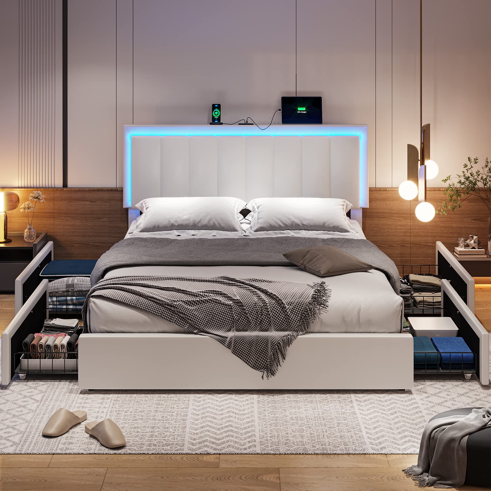 Hasuit LED Queen Bed Frame with 4 Storage Drawers & USB Charging Station - WoodArtSupply